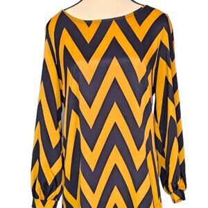 Vintage Navy and Gold Chevron Pattern Dress Lg